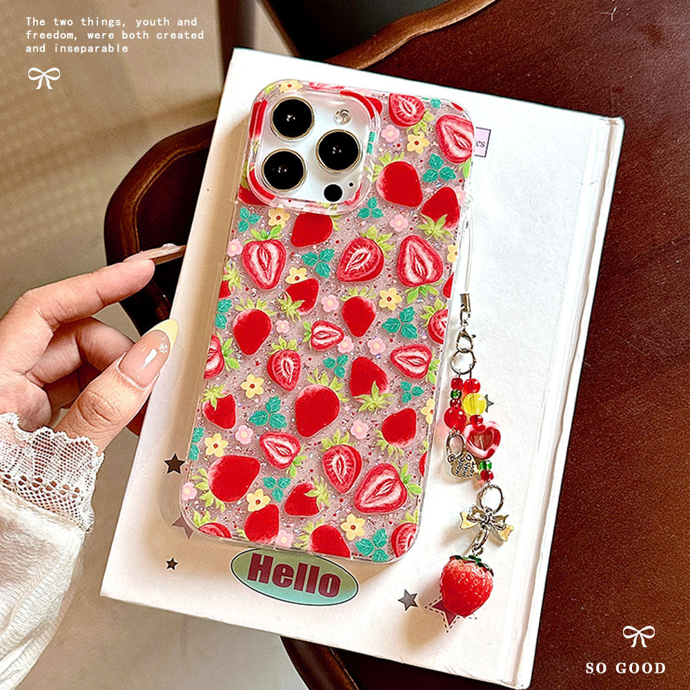 Full screen strawberry glue glitter suitable for iphone17 anti-fall mobile phone case apple 16promax anti-fall protective cover
