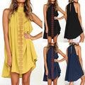 European and american cross-border women's fashion  autumn new sleeveless halter neck printed pleated asymmetrical elegant dress