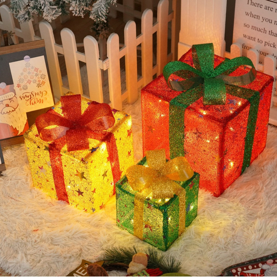 Popular Christmas gift box three-piece Christmas light decoration ambient light ins wind indoor and outdoor flashing ornament