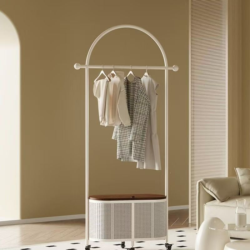 Bedroom floor-standing secondary net clothes hanger, small clothes hanger with dirty clothes basket, movable coat rack, round frame black