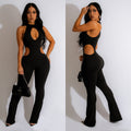 C6580 cross-border   fashion women's solid color sexy halter neck cutout long pants jumpsuit