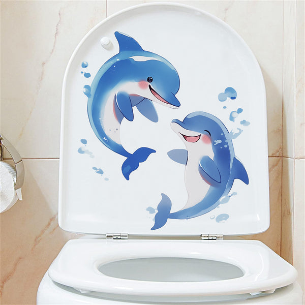 Creative two cute and smart dolphins toilet sticker animal wall sticker bathroom toilet vanity decorative sticker