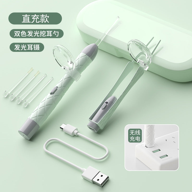 New arrival rechargeable light-emitting ear spoon suit nose pick ear pick earwax baby battery light buckle ear pick suit