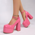 2026fashionwaterproof thick heel flats round toe patent leather high heels plus size catwalk flats high heels
