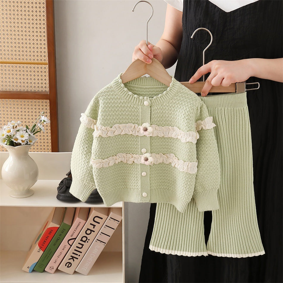 Girls' knit sweater set - new autumn/winter  collection: lace floral top & pants set for little girls