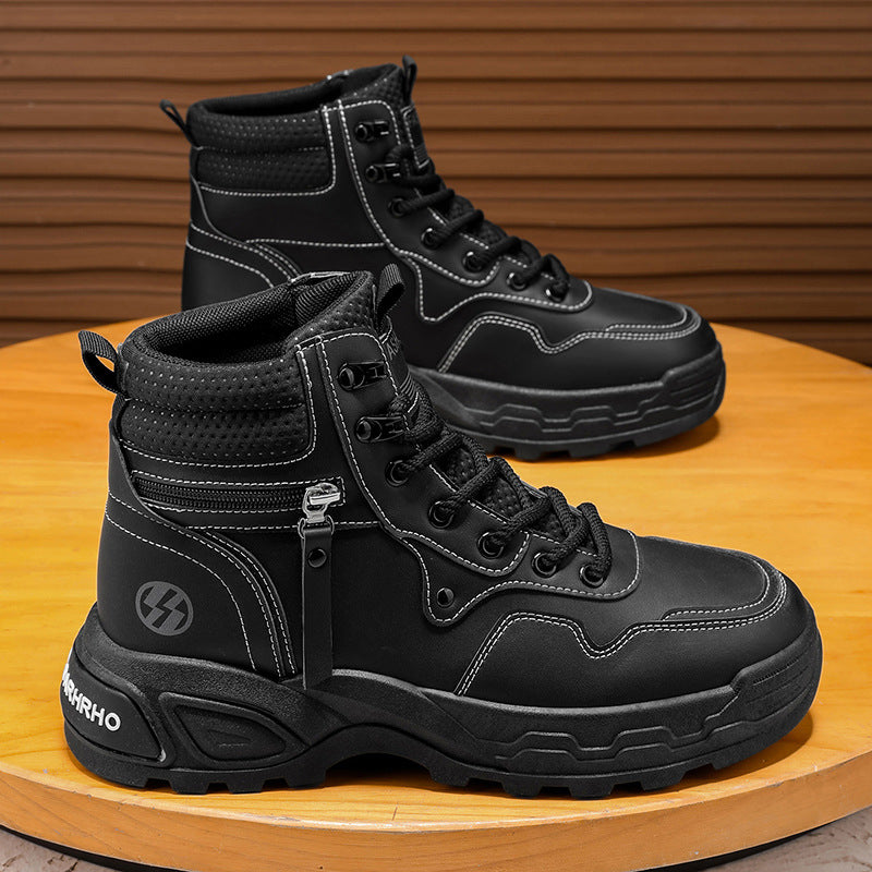 High-top men's shoes springcasualhiking sports non-slipworkwear shoes leather waterproofthick solewhiteboots