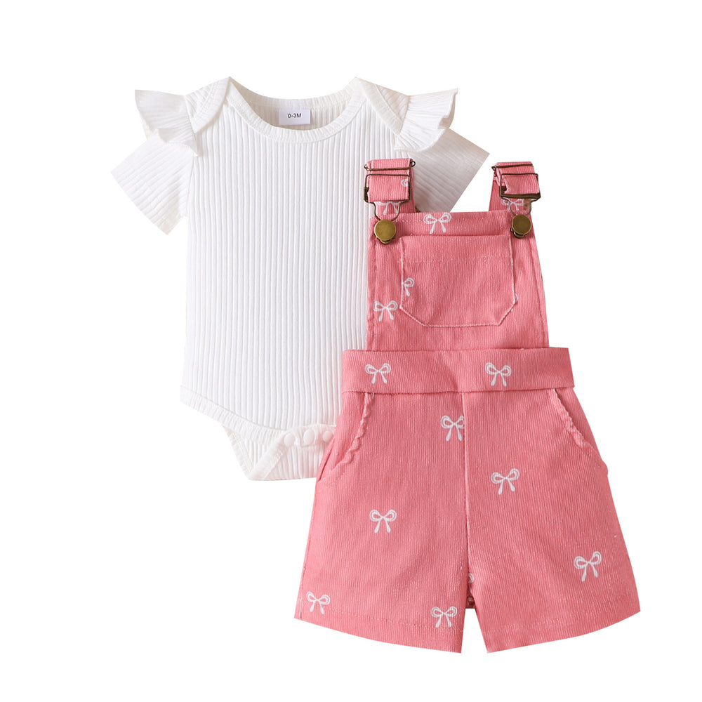Children's clothing  fashion off-white pit striped khaki + printed suspender shorts cross-border children