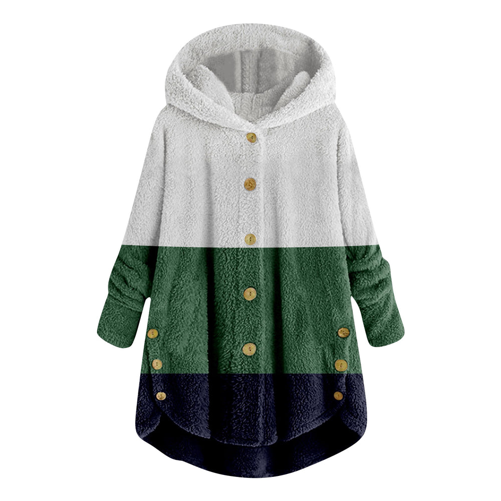 new fashion women's european and american button-down plush top color block multi-color hooded jacket