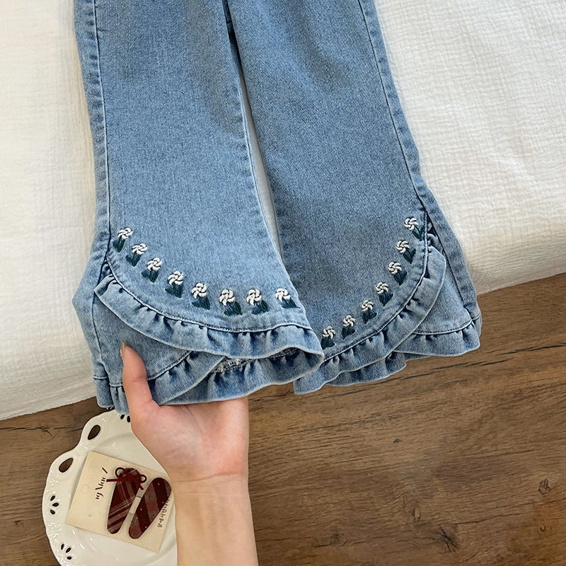 Girl denim bell bottoms spring & fall new arrivaloutwearkorean stylekidsilm spring & fall clothing baby micro-flared pants trendy