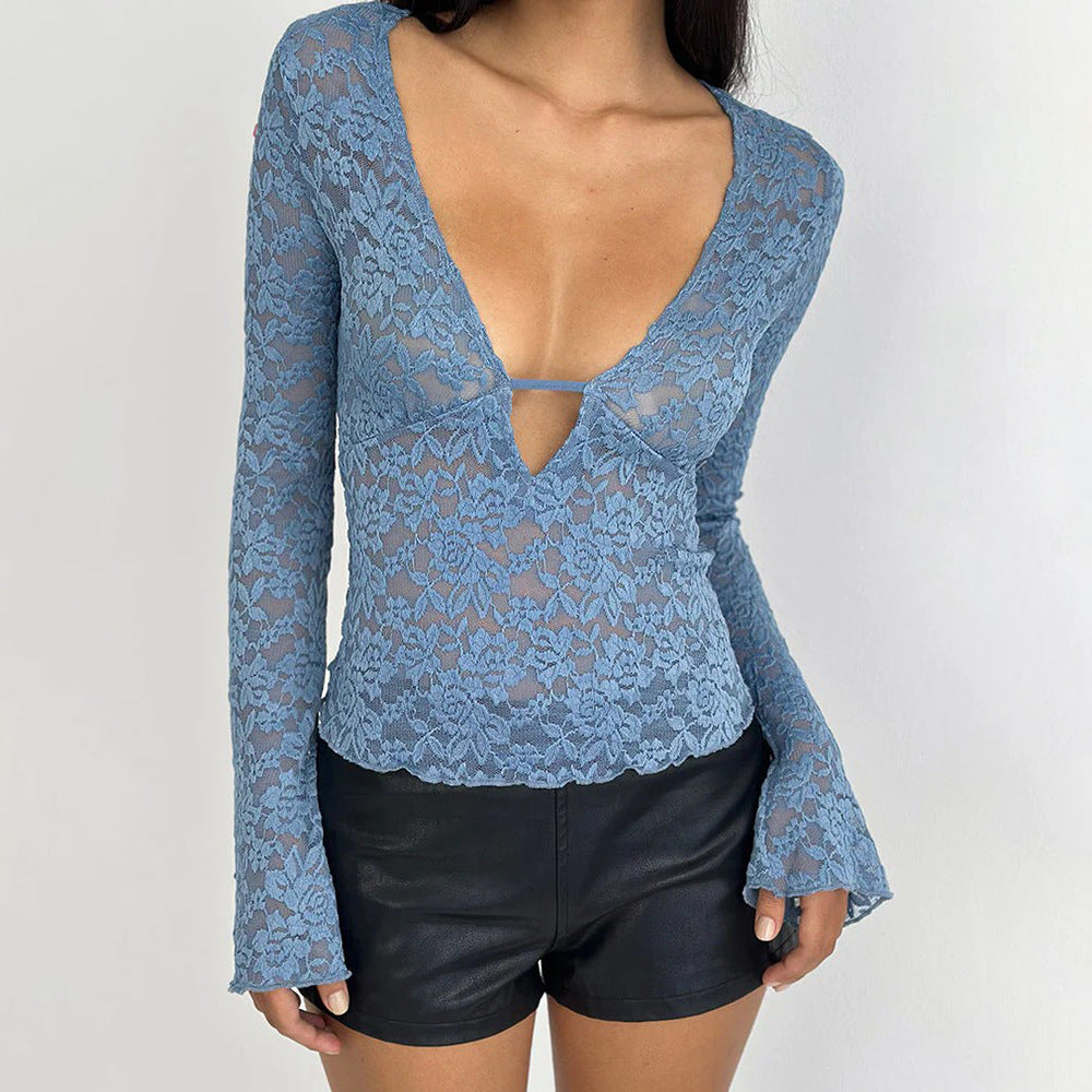 European and american export women's clothing  new fashion low-cut long sleeve t-shirt sexy lace see-through versatile top wholesale