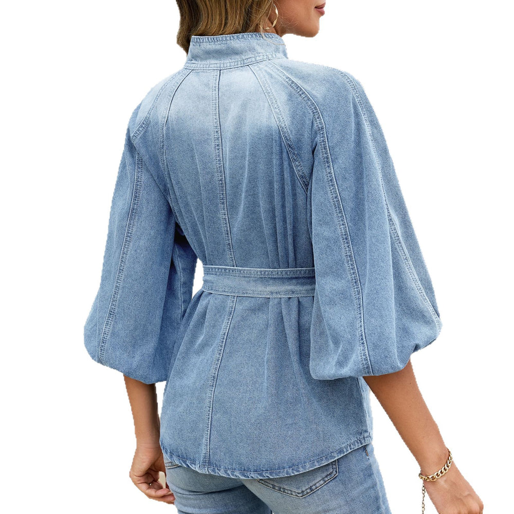 Fashion cross-border foreign trade  new stand-up collar lantern three-quarter sleeves with built-in belt waist style single-breasted top