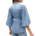 Fashion cross-border foreign trade  new stand-up collar lantern three-quarter sleeves with built-in belt waist style single-breasted top
