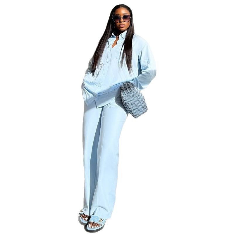 European and american cross-border african women's fashion  summer new solid color turn-down collar long sleeve shirt and high-waisted pants fashion set