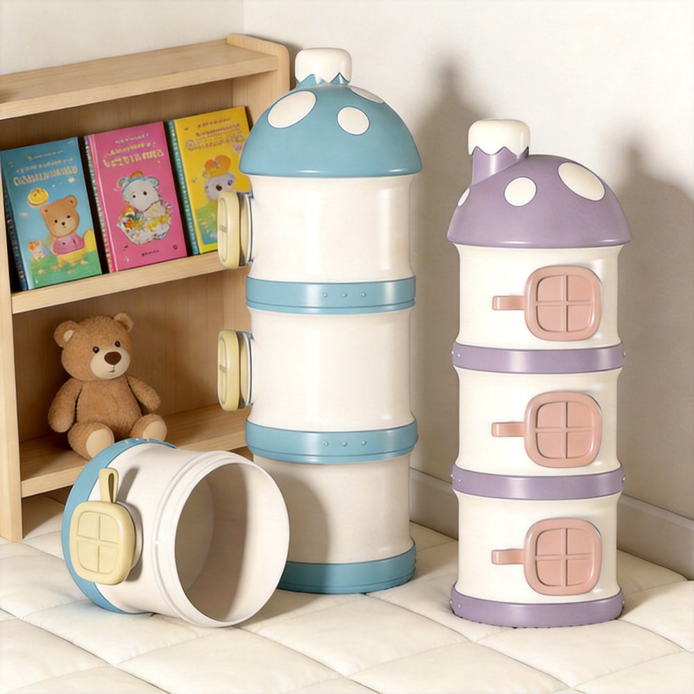 Portable formula dispenser - multi-layer, side-opening food storage container for baby formula - portable, airtight, and detachable storage canisters
