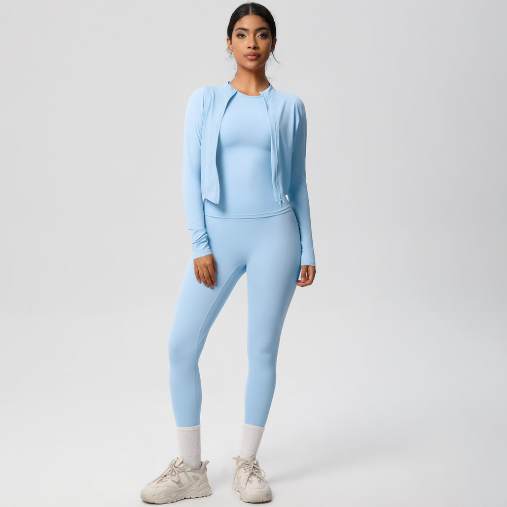 new arrival quick-dry barely-there jacket with short-sleeve yoga top set - slim-fit activewear three-piece outfit for outdoor running