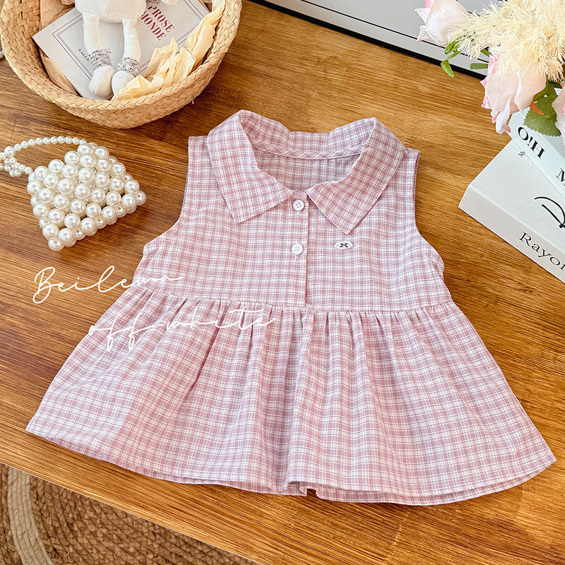 Girls' summer new korean style pink plaid shorts set - stylish and trendy baby girl outfit, kids' clothing, fashionable children's wear