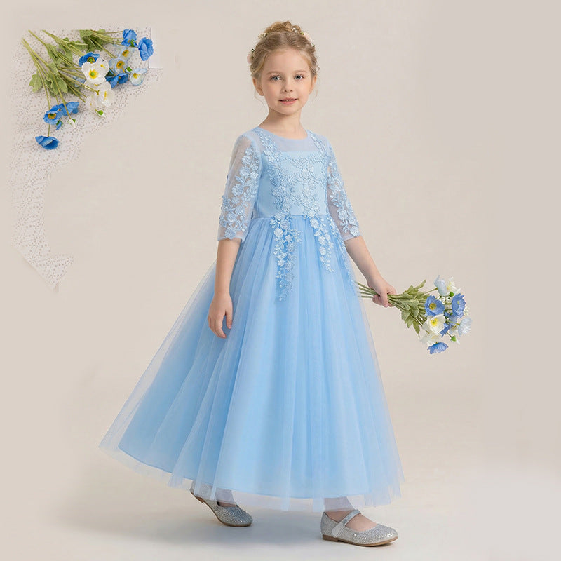 European and american style flower girl dress long sleeve princess children's wedding dress tutu girl's princess dress three-quarter sleeve summer