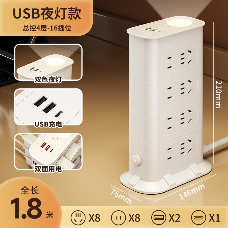 Multi-functional usb power strip socket - dorm room student power strip with long cord, home office desk panel with clock and night light