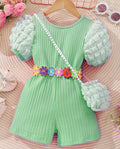 Kids' bubble sleeve ribbed romper with criss-cross back and matching bag
