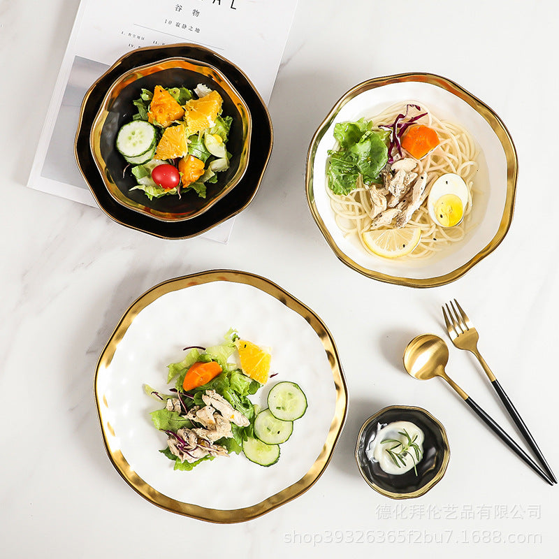 New arrival high-end gold-plated edge western steak plate matte ceramic bowl plate set combination large hat bowl wholesale