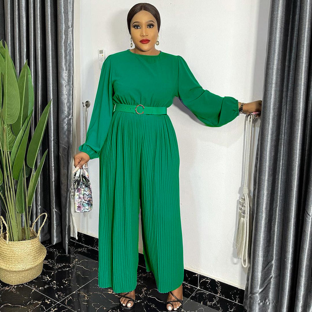 Q045   fall/winter new solid color long sleeve loose wide leg plus size women's jumpsuit - cross-border e-commerce