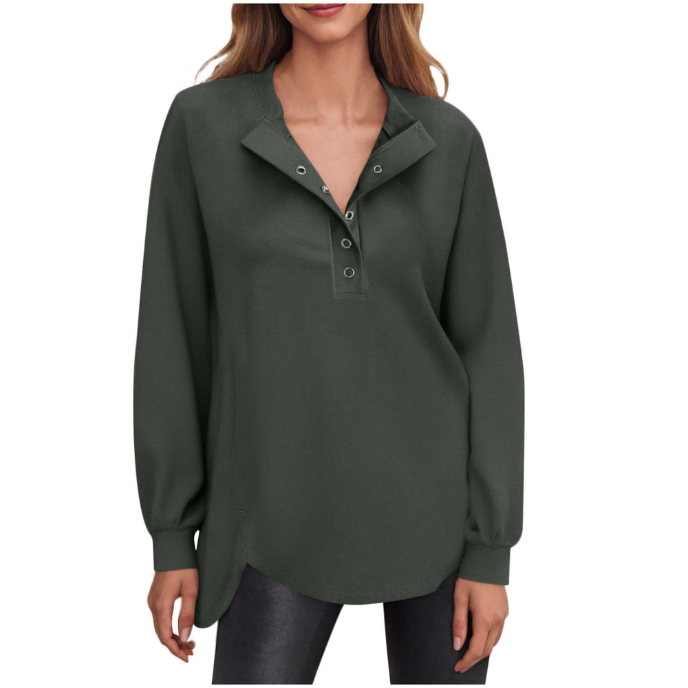 cross-border women's fashion casual solid color crew neck button-down long sleeve top hoodless sweatshirt
