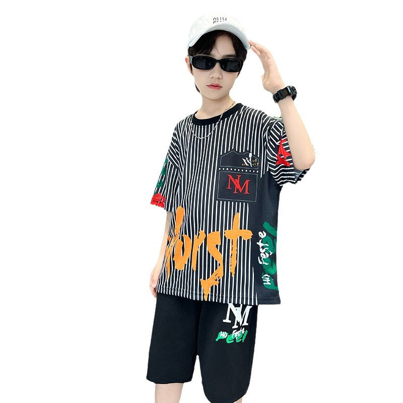 Kids' boys' summer outfit set  new trendy street style summer boys' mid-to-large children's lightweight short-sleeve two-piece fashion set