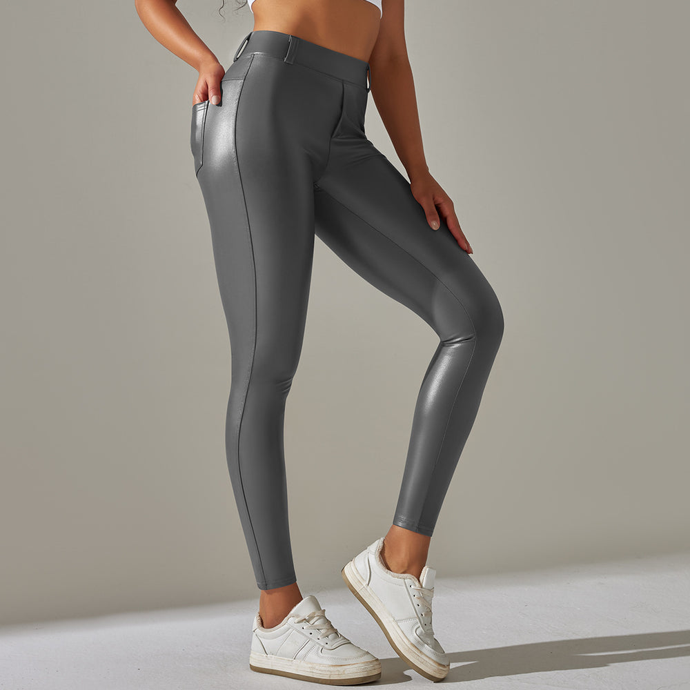 Clearance european and american  flap pocket pants pu leather pants tummy control tight body shaping high waist yoga pants plastic butt lifting nine-point pants