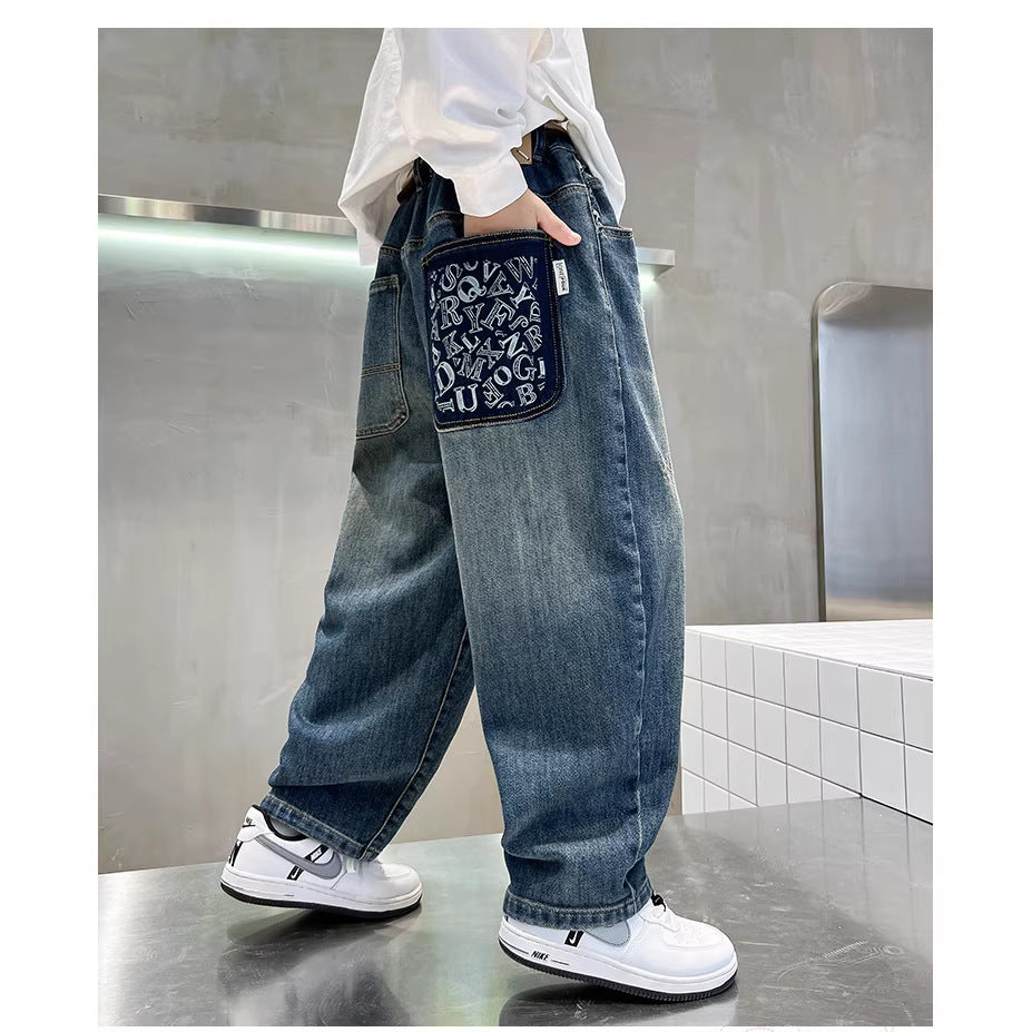 Boys' spring pants  new korean style kids' denim jeans loose fit spring/autumn mid-to-large children's trousers trendy