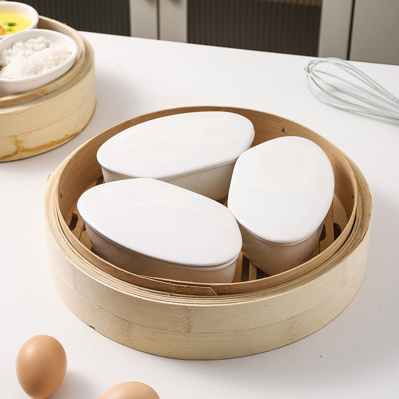 Ceramic household stew pot steamed egg with lid restaurant tea snack steamer special creative water drop steaming bowl egg custard dessert bowl