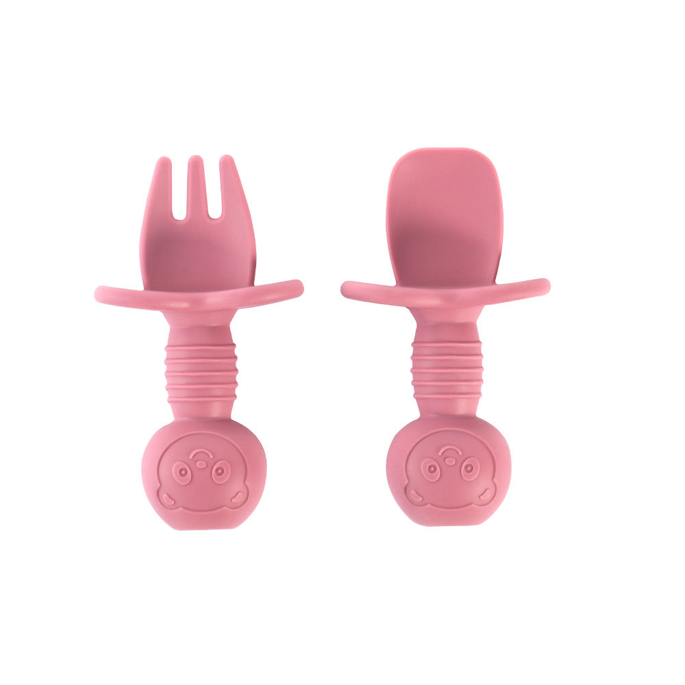 Children's bear fork and spoon set Baby eating training Silicone licking spoon Silicone fork and spoon Baby food supplement tableware spoon