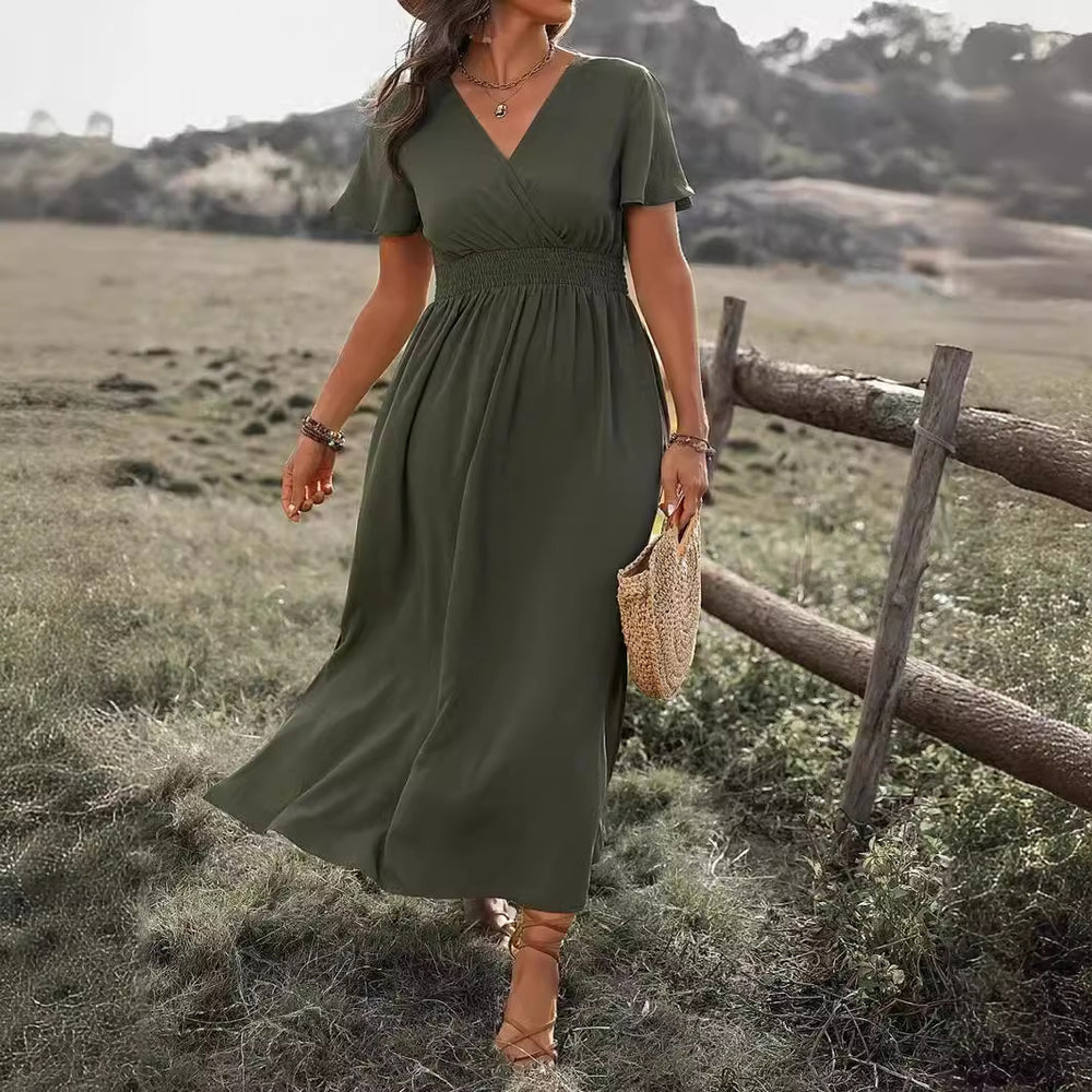 european and american cross-border  summer new arrival: solid color v-neck flared sleeve elastic waist slimming slit maxi dress