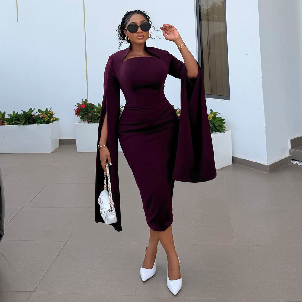 European and american cross-border women's clothing:  summer new arrival - elegant stand collar slit bodycon midi dress