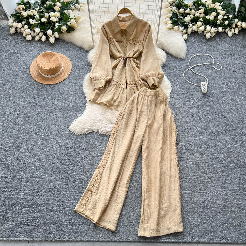Frenchretro young ladysuit women's summer lantern sleeve shirt + elastic waist slimming look wide leg drapedpants
