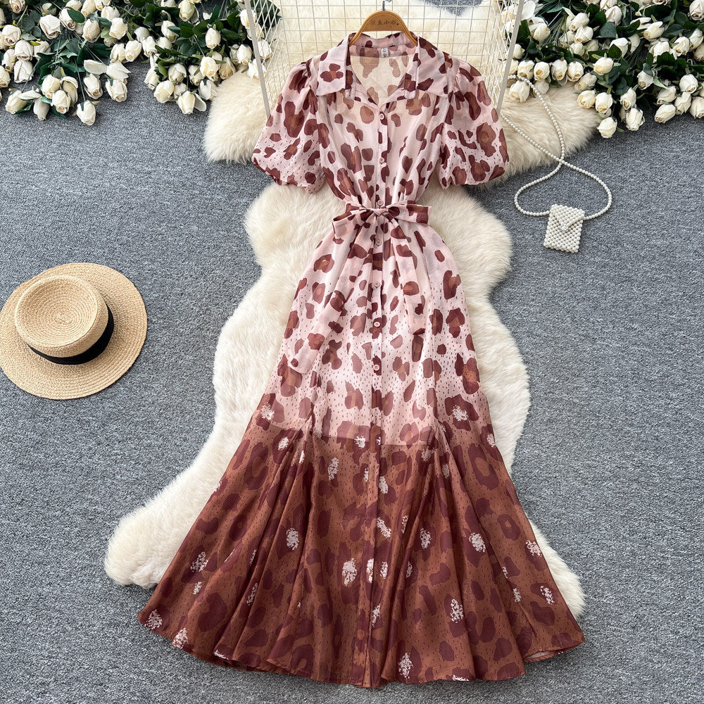 K-style lapel leopard print dress women's summer puff sleeves waist tie back a-line skirt elegant shirt skirt