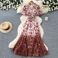 K-style lapel leopard print dress women's summer puff sleeves waist tie back a-line skirt elegant shirt skirt