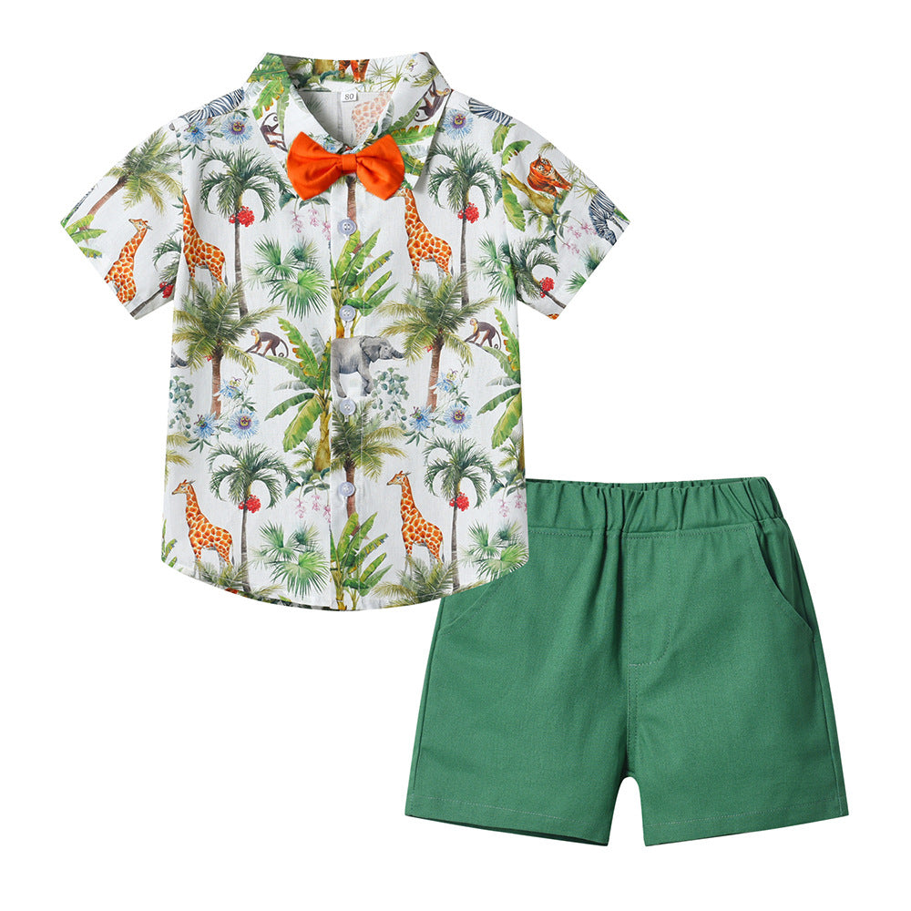 European and american style baby summer overalls set - new fashionable boys' summer lightweight short-sleeve two-piece outfit