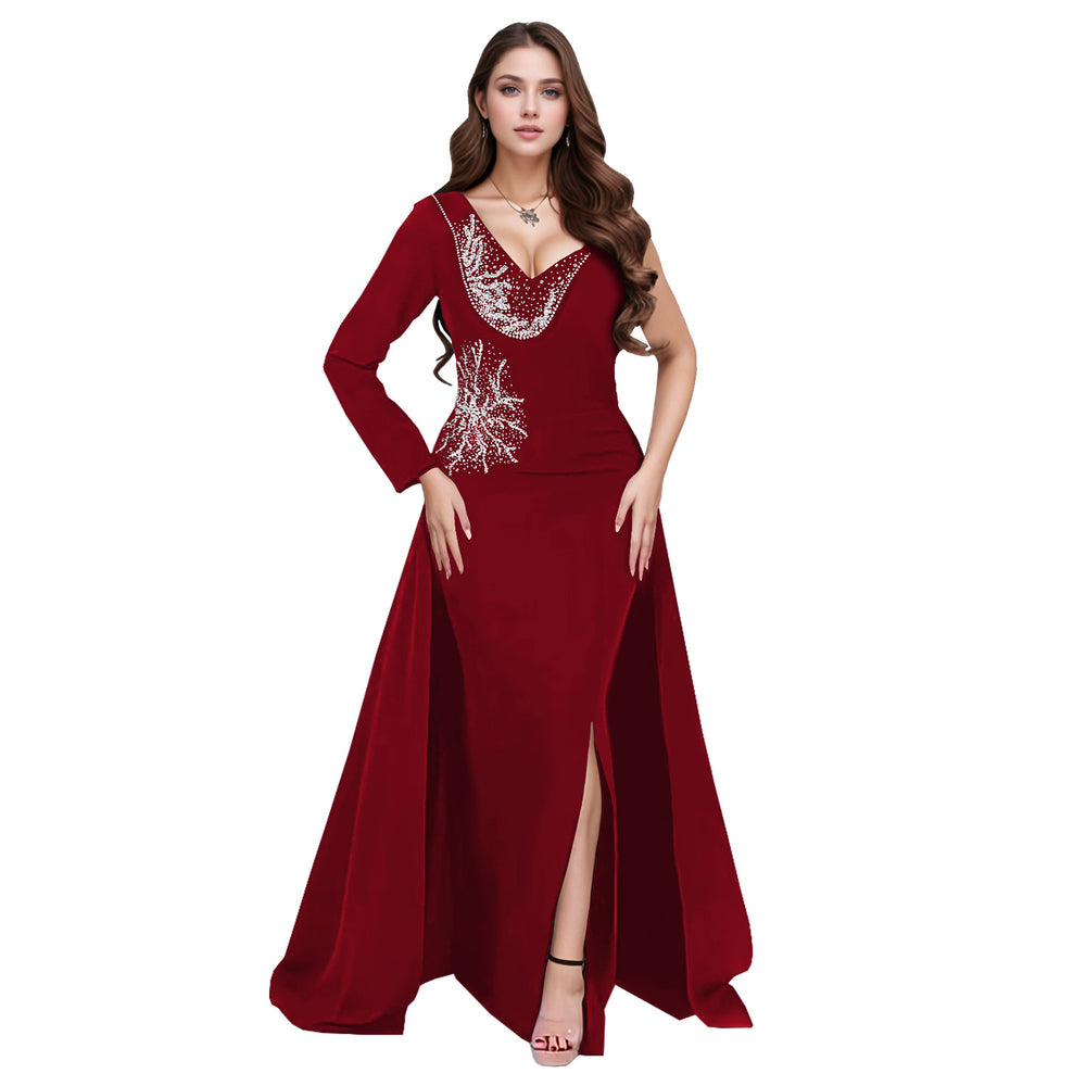 C7296 cross-border e-commerce european and american high-end sexy v-neck rhinestone-embellished long-sleeved slit mermaid dress with full skirt