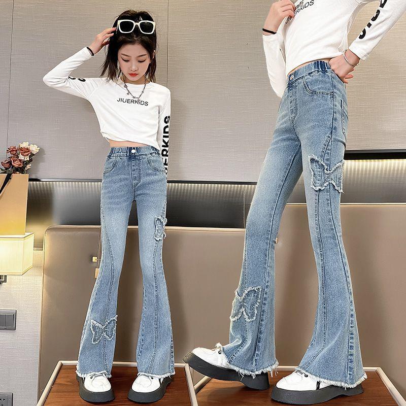 Girls' jeans: new  spring/autumn styles - stylish kids' elastic waist pants for girls, spring flare jeans for mid-to-large children