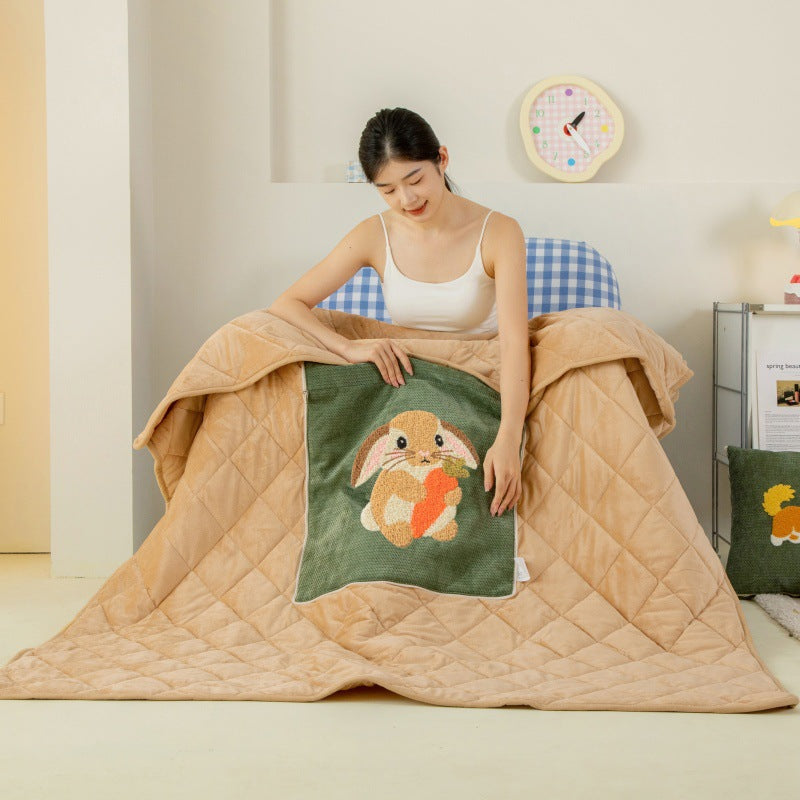 Cartoon plush throw blanket - dual use pillow blanket, crystal velvet, thickened towel embroidery, perfect for car, office, air conditioning, and nap time