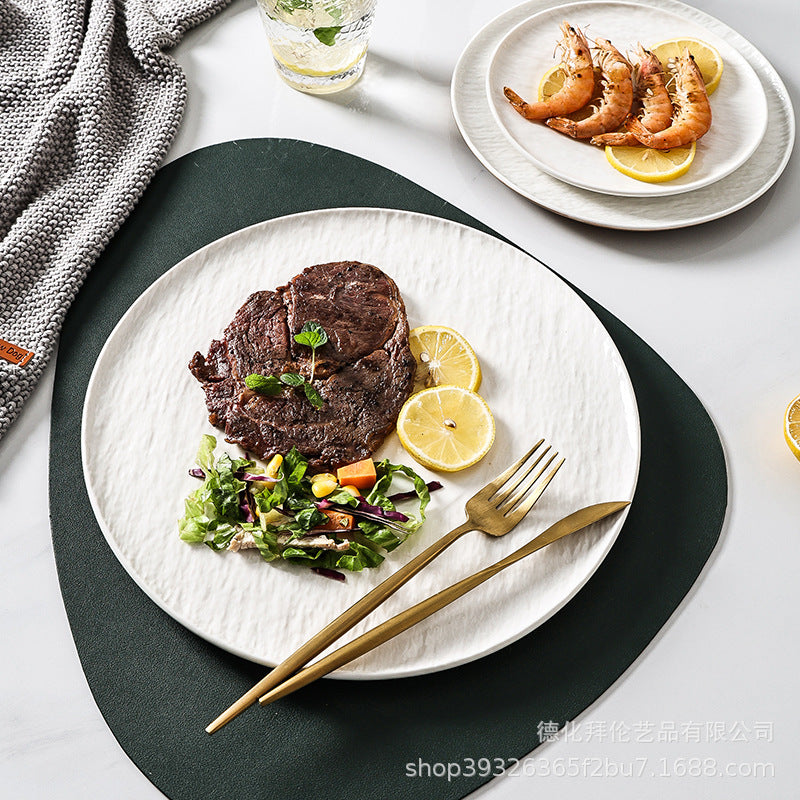 European-style ceramic steak plate, creative embossed white dinner plate for home use, hotel restaurant display plate, minimalist pasta plate