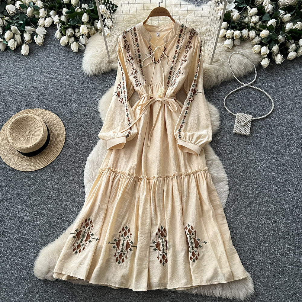 Vintage-inspired, heavily embroidered, unique and elegant women's long-sleeve dress - tie-waist a-line maxi dress, slimming and tummy-concealing