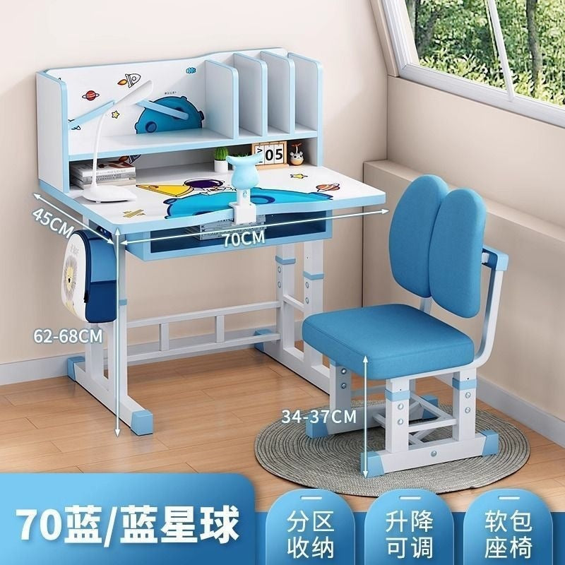 Student home desk set - kids' study table with bookshelf, adjustable height, storage, and chair combination