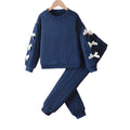 girl's pants suit navy blue pit stripes round neck sweatshirt jogger pants sports pants bowspatchworktwo-piece set