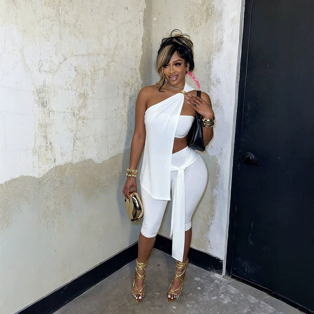 European and american style asymmetrical sleeveless top and slim-fit tie-waist capri pants set - versatile and chic for early summer