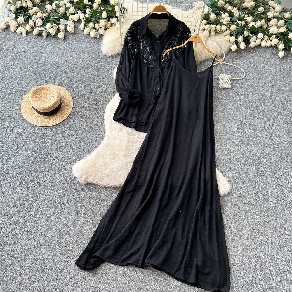 French lazy style heavy industry embroidered beaded lapel shirt suspender dress for women 2026autumtwo-piece setelegantslimming look
