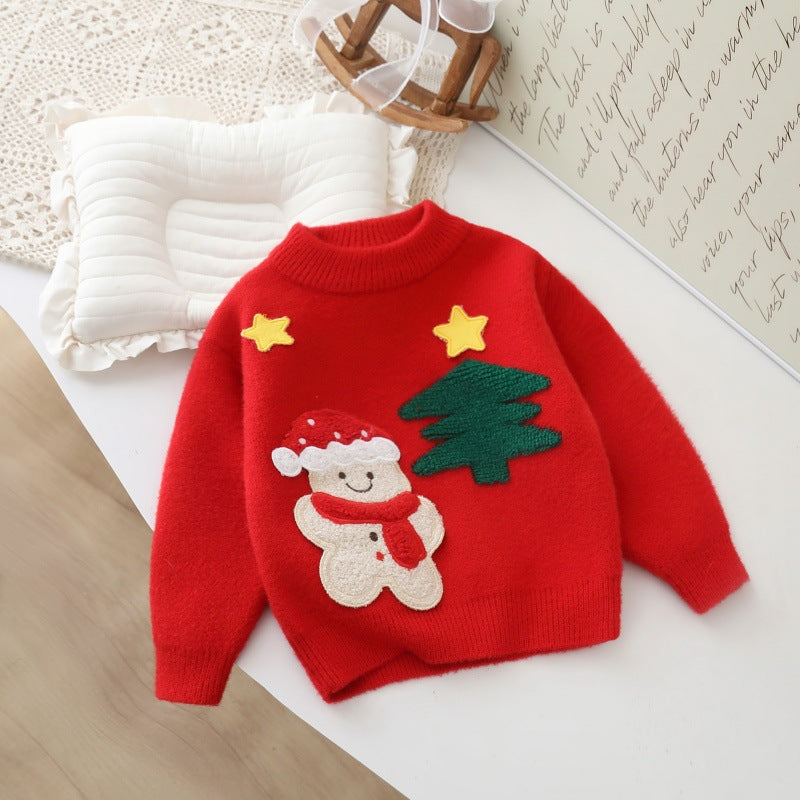Girls' stylish red sweater with snowman, star, and christmas tree design - thickened, warm, festive new year outfit for winter, perfect for new year's day performances
