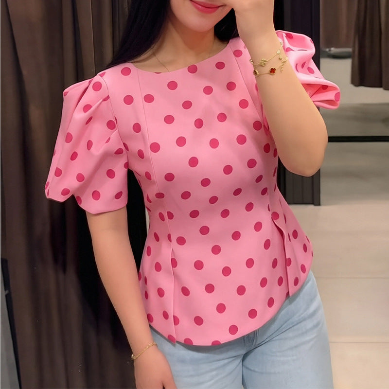 european and american women's clothing - new summer collection: casual, loose-fit, bubble sleeve polka dot top