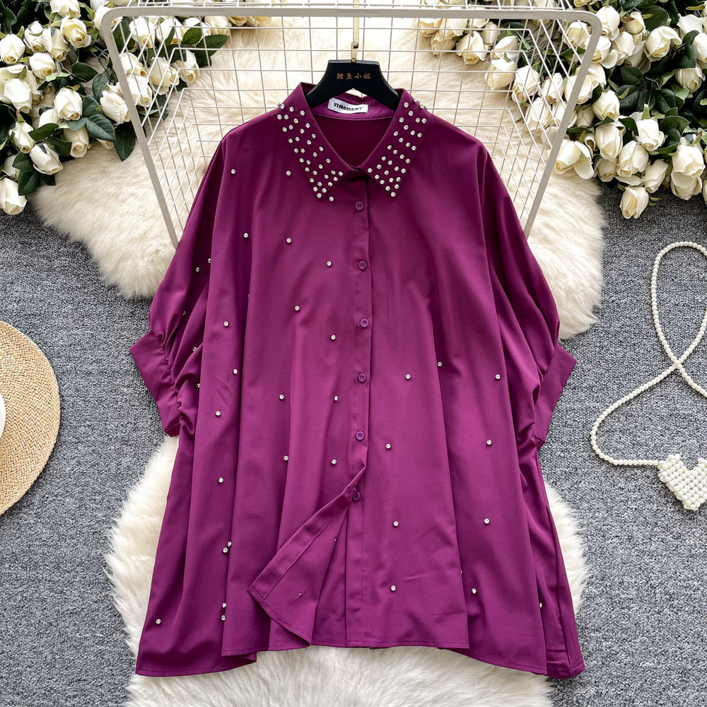 European fashionable tops for women design sense heavy industry inlaid diamond polo collar bat sleeve single breasted loosecasualshirt women