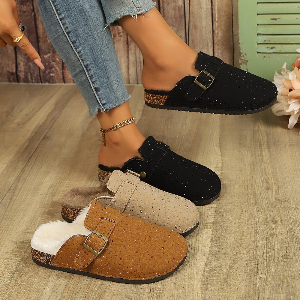 Fleece-linedthick sole baotou boken slippers autumnew arrivalheattech rhinestone cross-border plus sizeoutwear half slippers for women